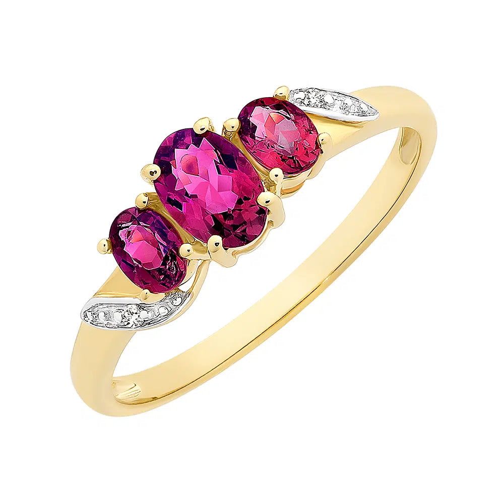 9CT Y/G DIAMOND AND PINK TOURMALINE RING - SIZE O - OCTOBER