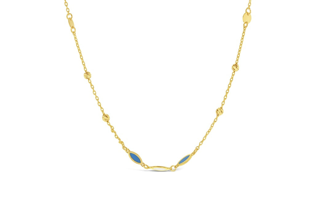 9CT Y/G WHITE & BLUE ENAMEL FANCY NECKLACE 45CM