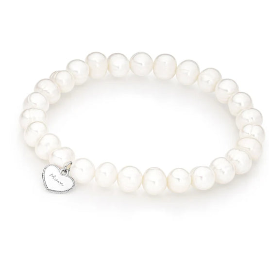 S/S FRESHWATER PEARL BRACELET WITH MUM HEART 19CM