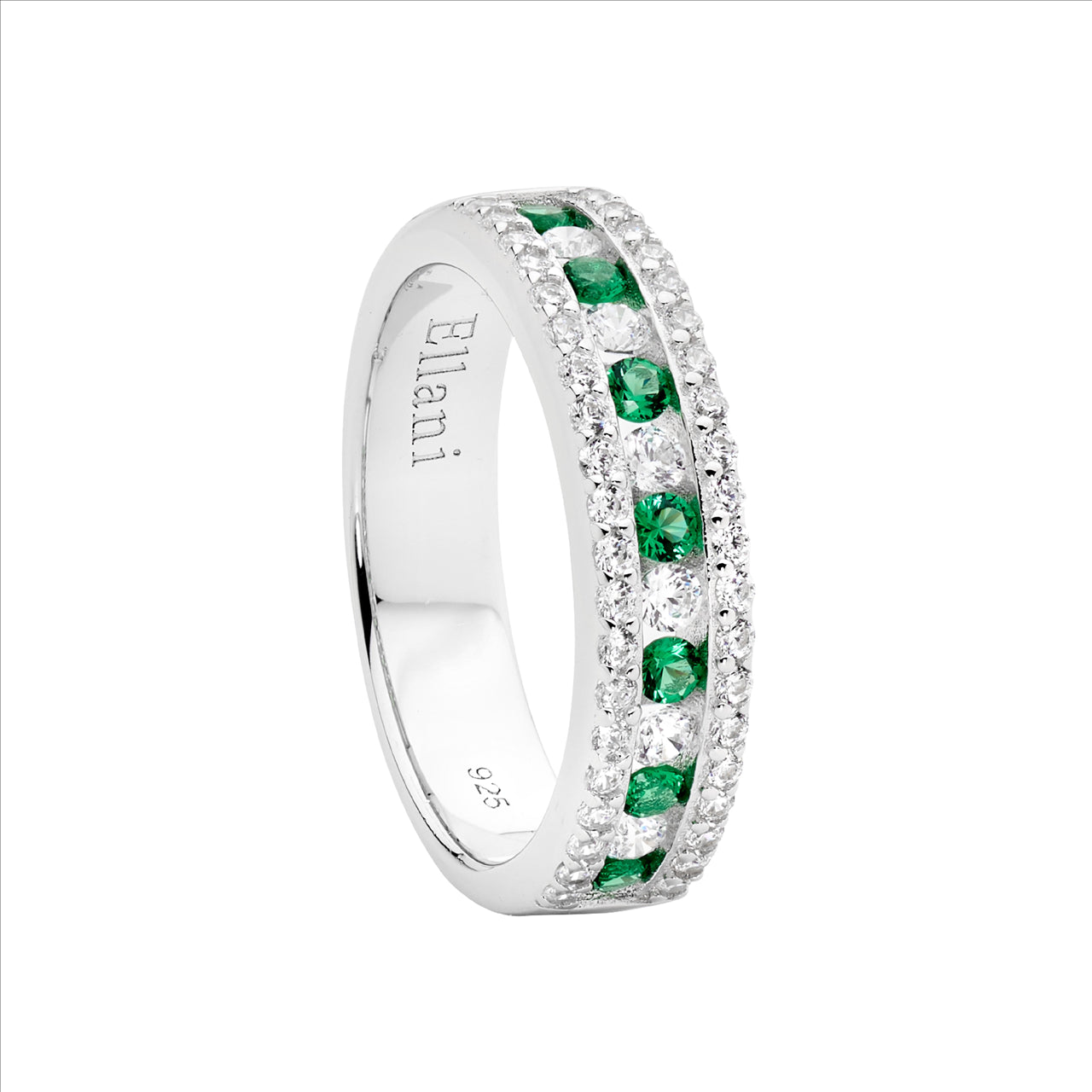 S/S CHANNEL SET GREEN AND WHITE C/Z RING - SIZE O