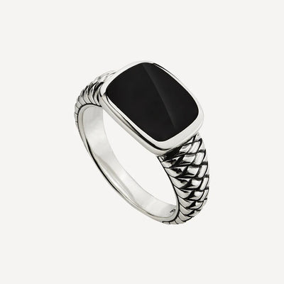 Mens S/S Black Onyx Patterened Ring - Size X.5