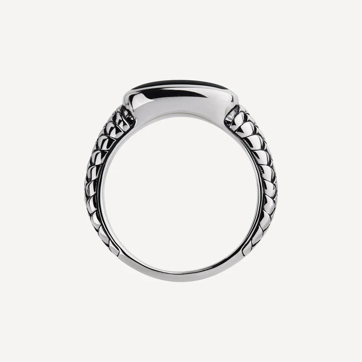 Mens S/S Black Onyx Patterened Ring - Size X.5