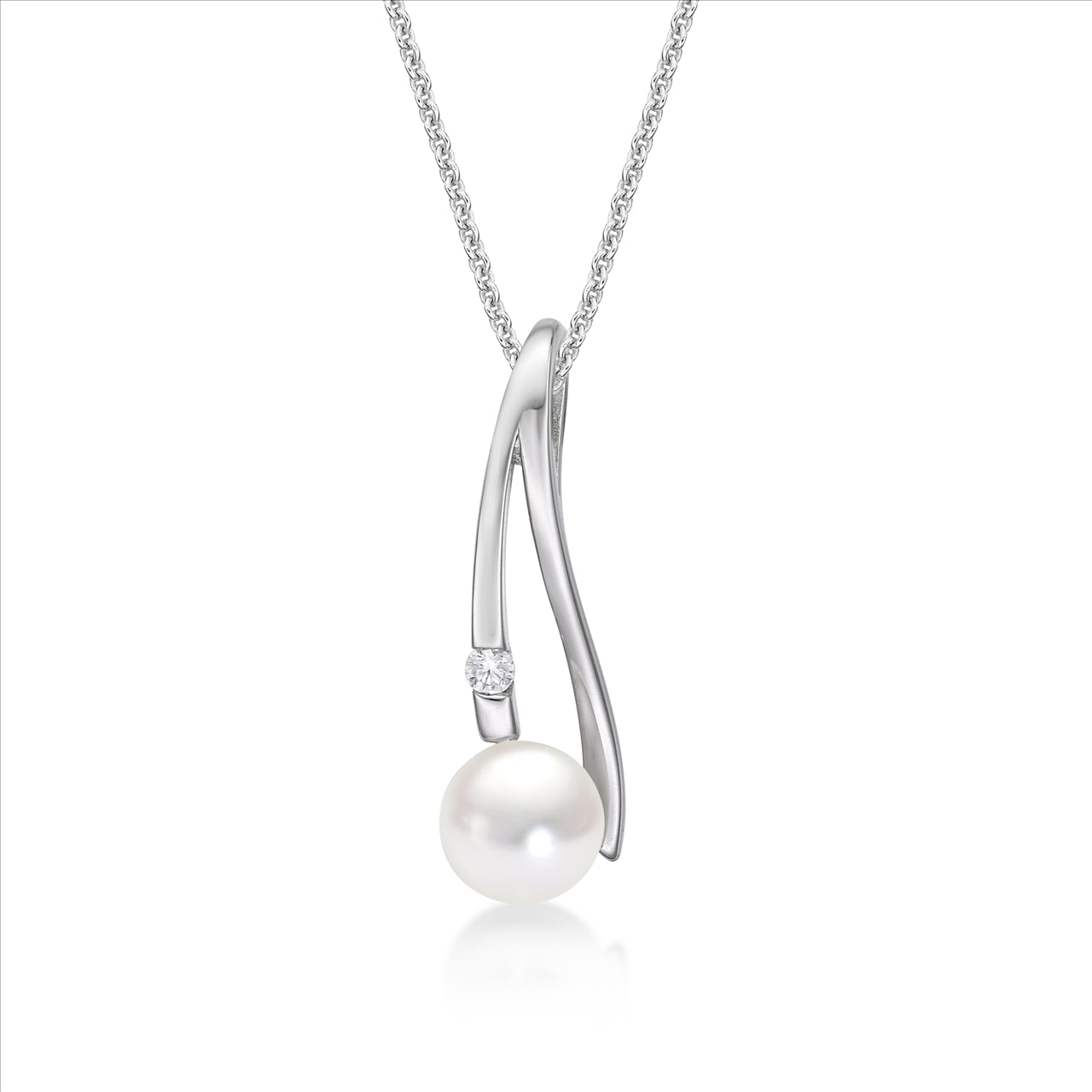 S/S WAVE DROP FRESHWATER PEARL AND C/Z PENDANT WITH CHAIN