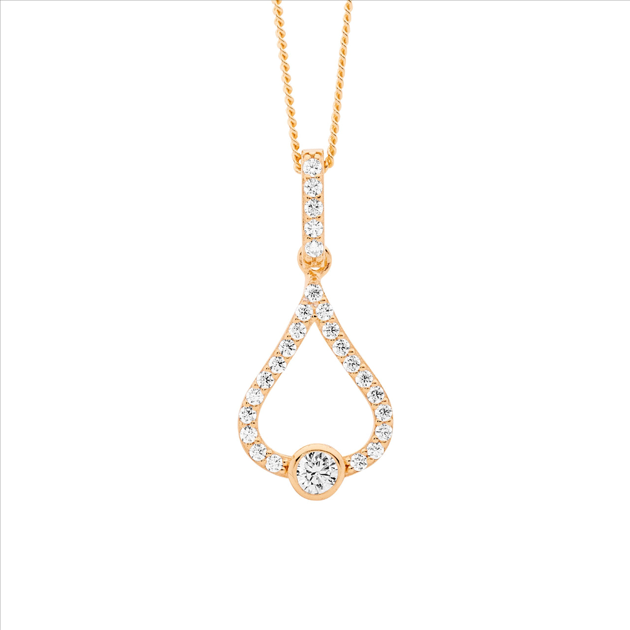 OPEN TEAR DROP PENDANT WITH C/Z - R/G PLATED