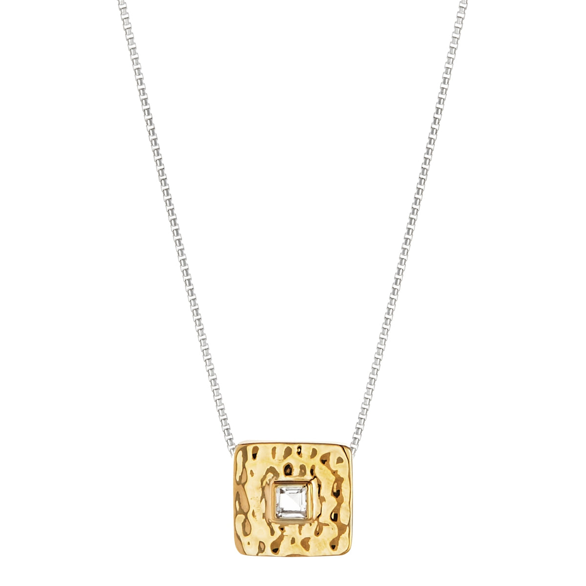 BEATEN SQUARE WITH CLEAR TOPAZ ON CHAIN 42CM - Y/G PLATED