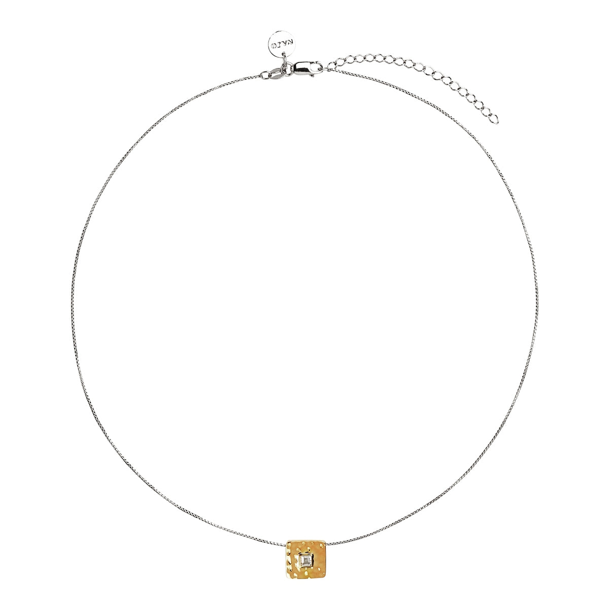 BEATEN SQUARE WITH CLEAR TOPAZ ON CHAIN 42CM - Y/G PLATED