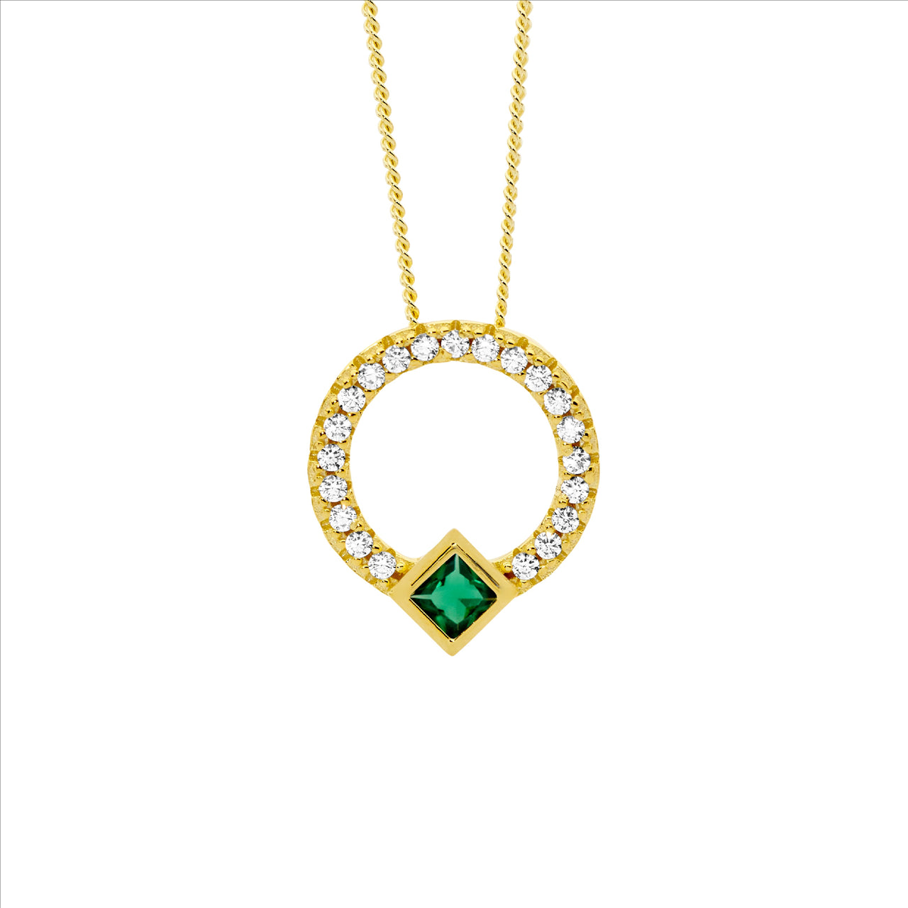 OPEN CIRCLE PENDANT W/ GREEN C/Z 13MM - Y/G PLATED