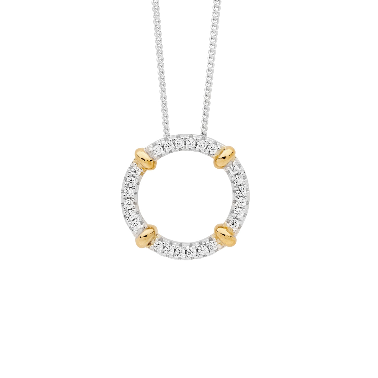 S/S C/Z CIRCLE PENDANT WITH Y/G PLATED BANDS 16MM