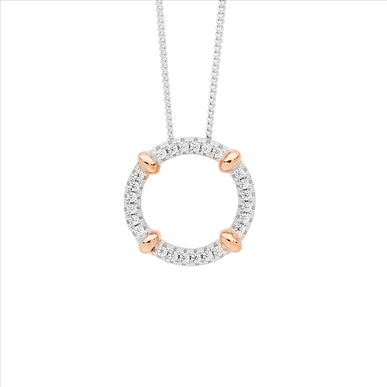 S/S C/Z CIRCLE PENDANT WITH R/G PLATED BANDS 16MM