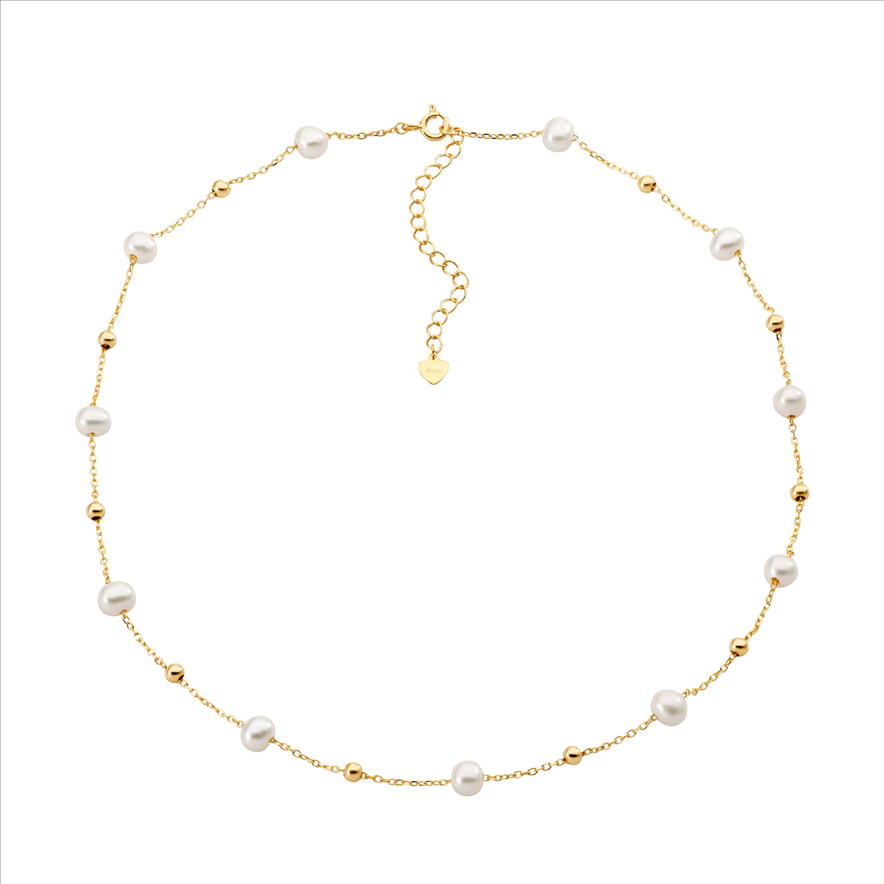 FRESHWATER PEARL AND BALL NECKLACE 40+5CM - Y/G PLATED