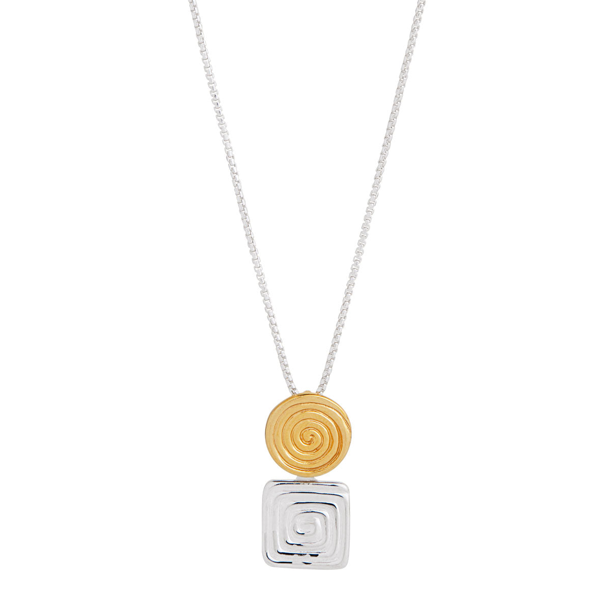 S/S Square Pendant and Y/G Plated Circle Pendant Necklace - 45+5cm