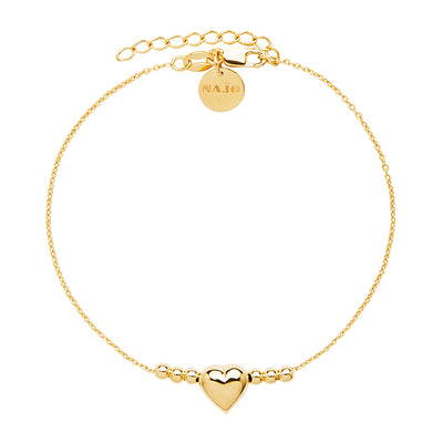 Puff Heart and Beads Bracelet - 18+3cm - Y/G Plated