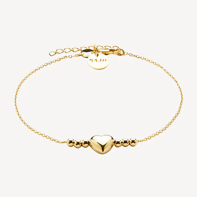 Puff Heart and Beads Bracelet - 18+3cm - Y/G Plated