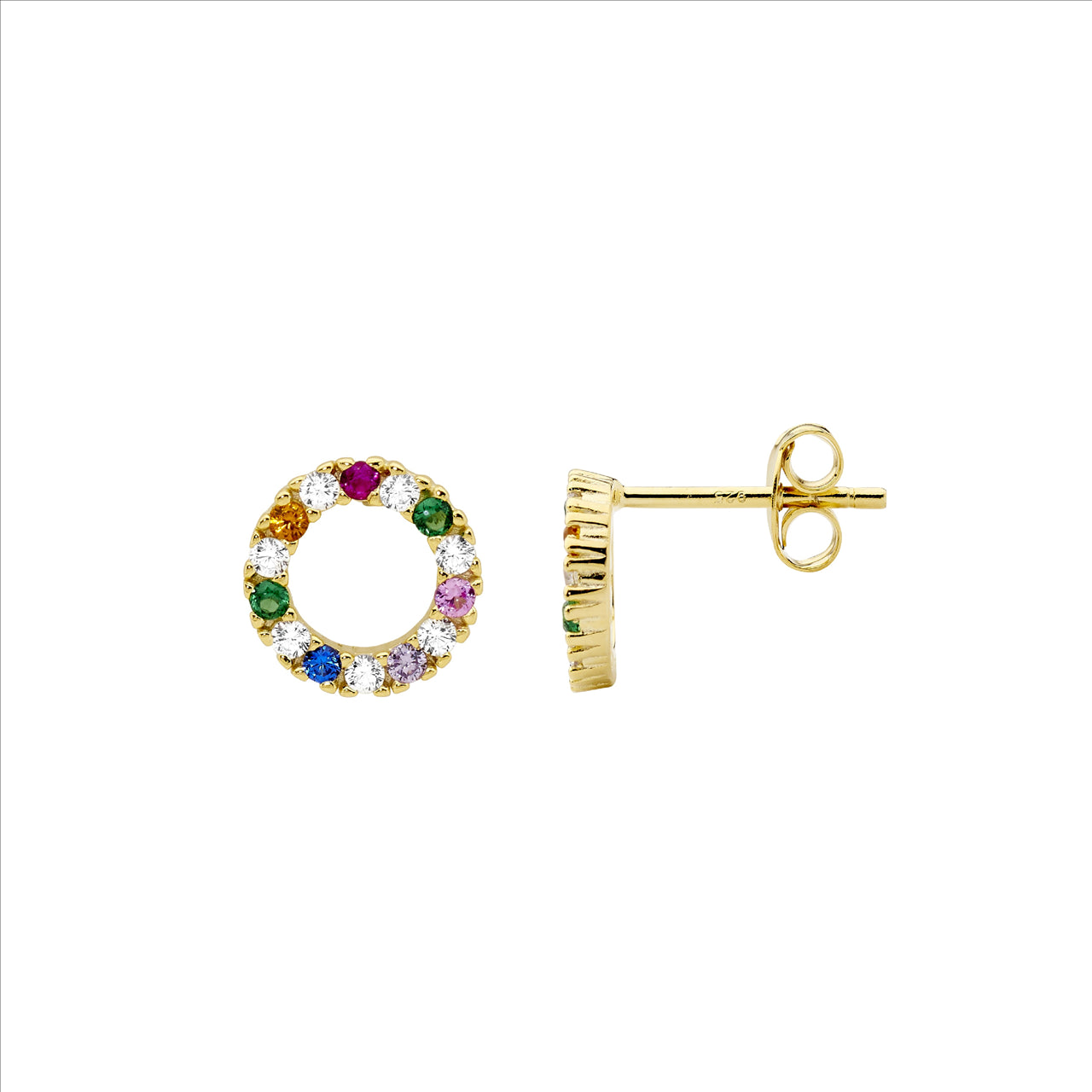 MULTI COLOUR C/Z OPEN CIRCLE EARRINGS 9MM - Y/G PLATED