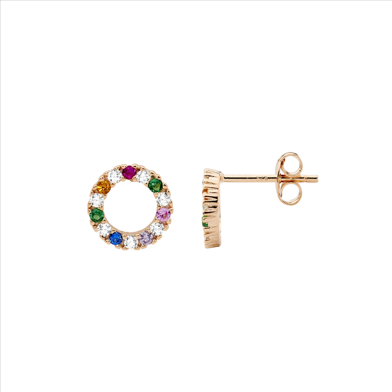MULTI COLOUR C/Z OPEN CIRCLE EARRINGS 9MM - R/G PLATED
