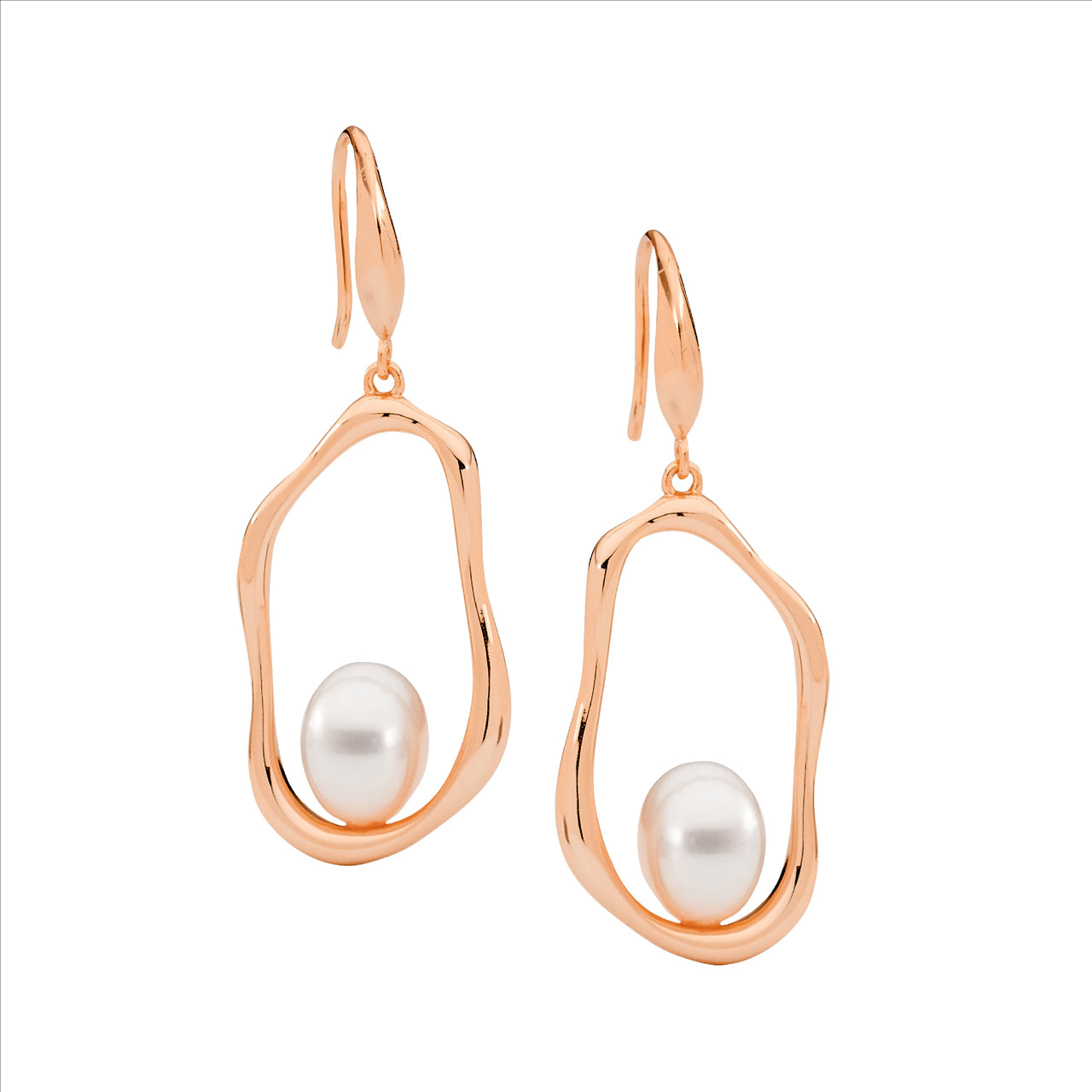 OPEN WAVE OVAL EARRINGS WITH FRESHWATER PEARL - R/G PLATED