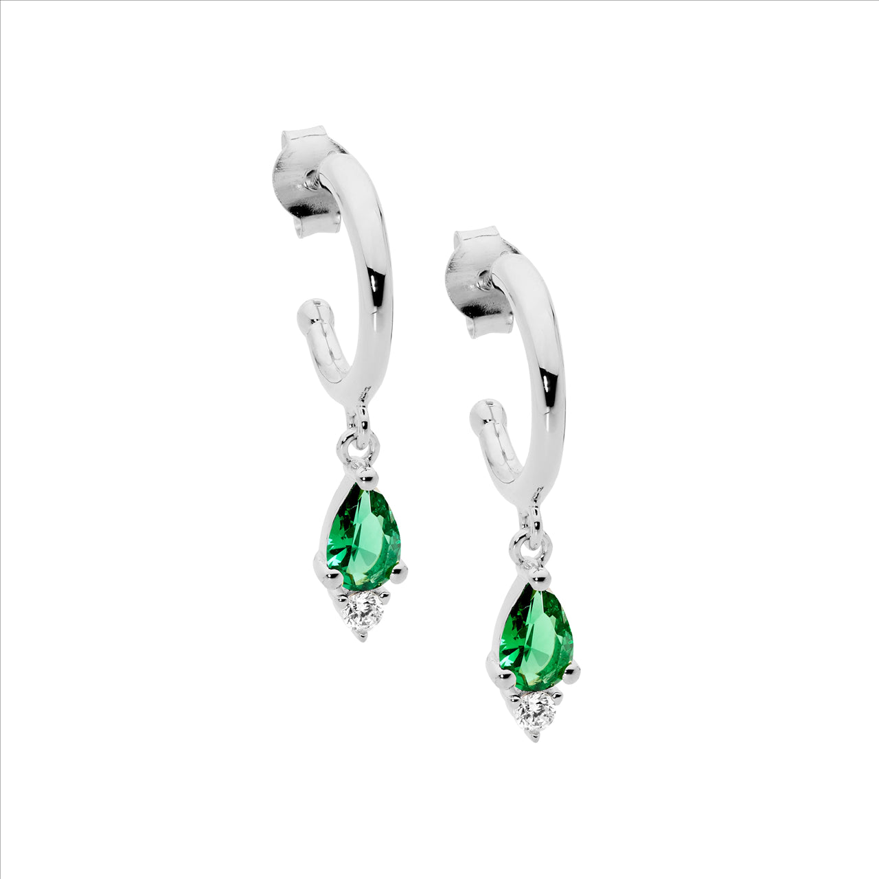 S/S DROP EARRINGS WITH GREEN C/Z 13MM