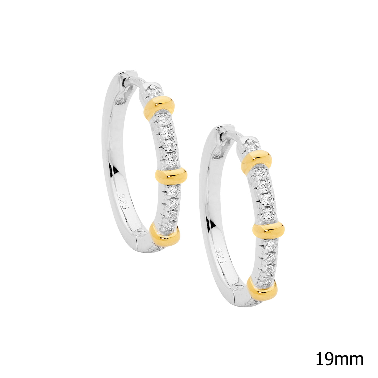 S/S C/Z HOOP EARRINGS WITH Y/G PLATED BANDS 19MM