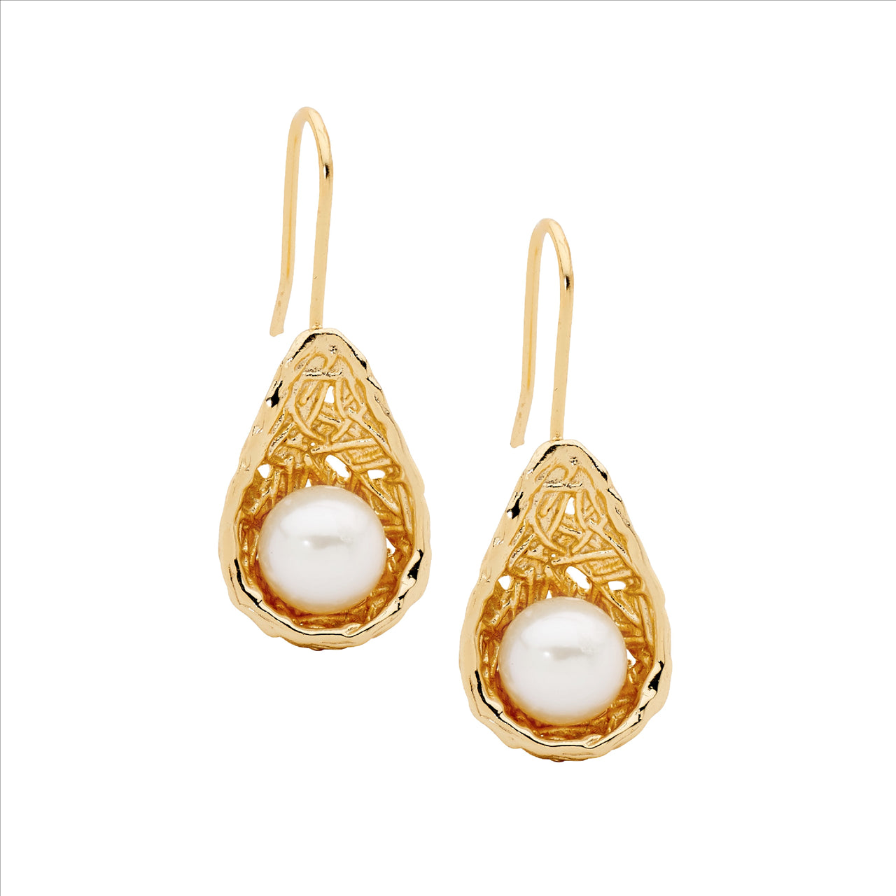 FRESHWATER PEARL WEAVE BASKET EARRINGS - Y/G PLATED