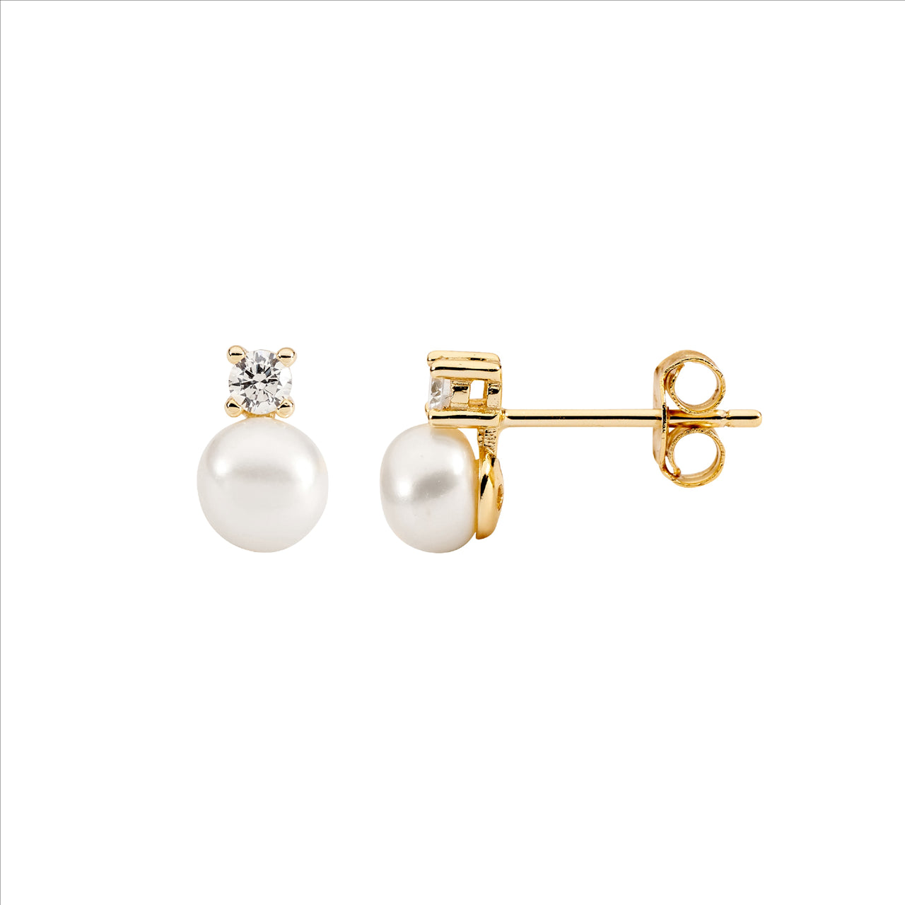 C/Z AND FRESHWATER PEARL STUD EARRINGS - Y/G PLATED