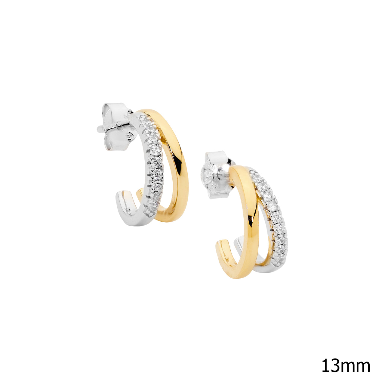 C/Z DOUBLE SPLIT HOOP STUD EARRINGS 13MM - Y/G PLATED