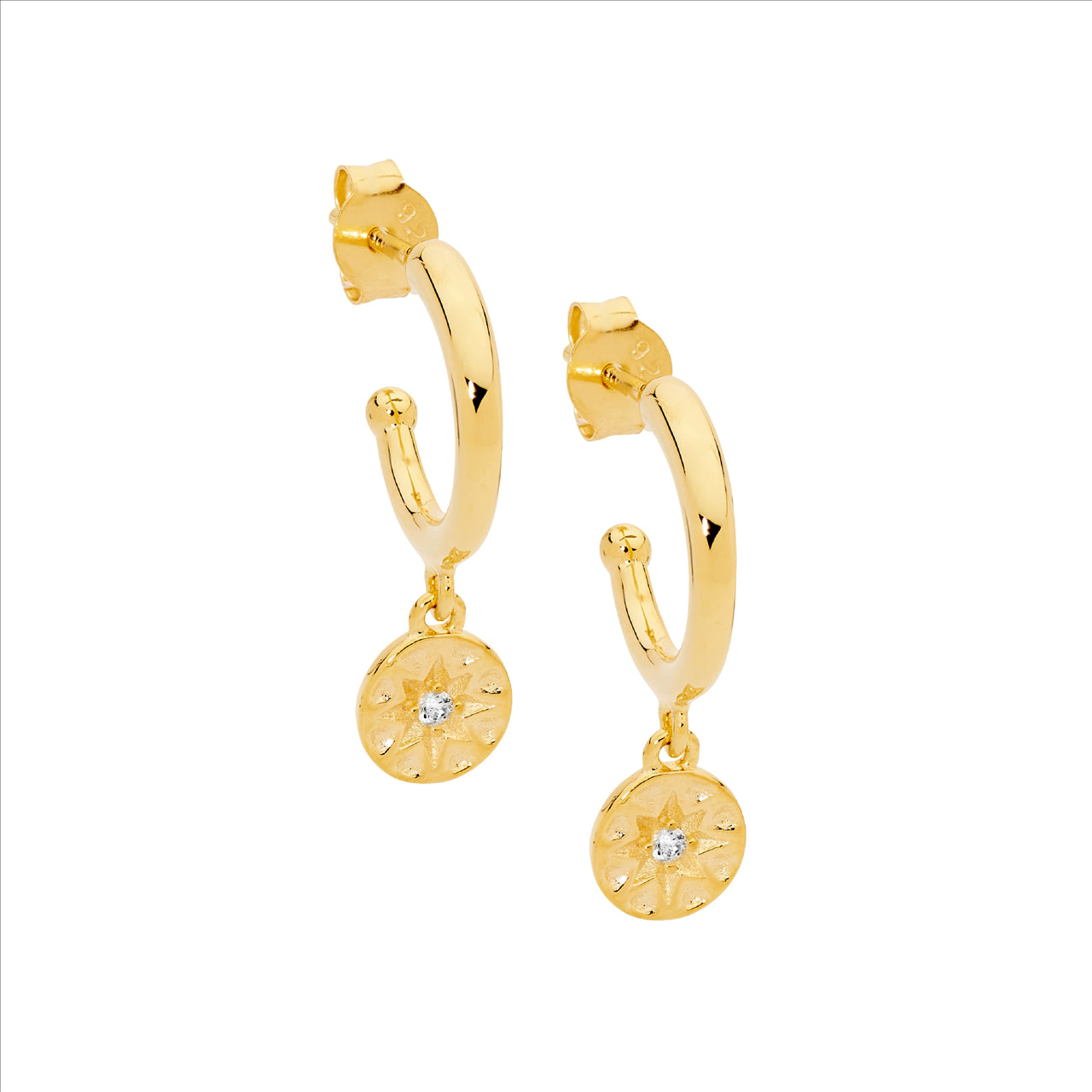 C/Z STAR DISK HOOP EARRINGS 13MM - Y/G PLATED