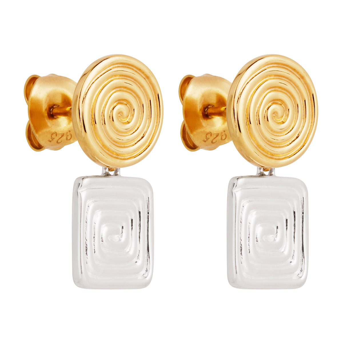 S/S Square and Y/G Plated Circle Stud Earrings