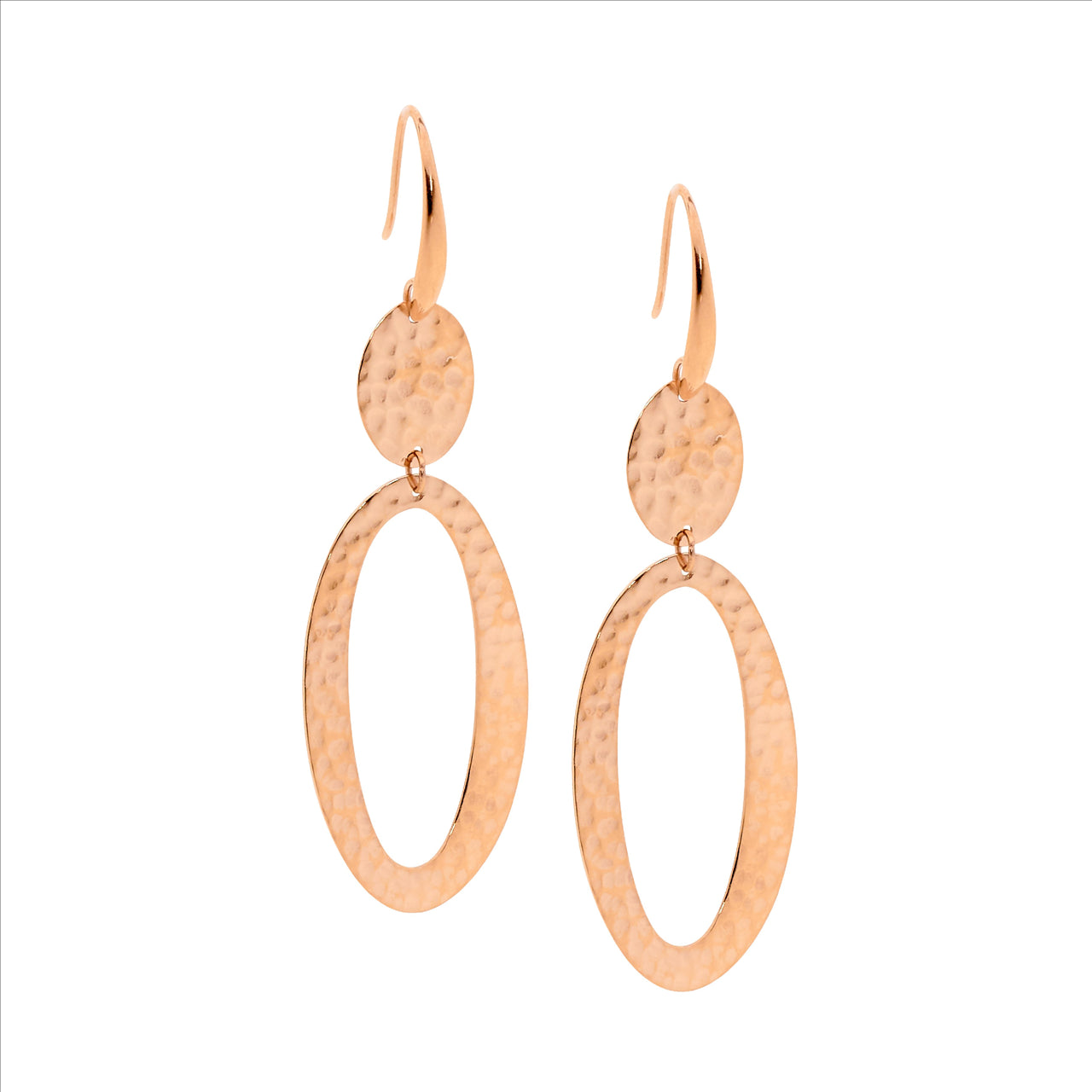 Stainless Steel Hammered Double Oval Drop Earrings - R/G Plated