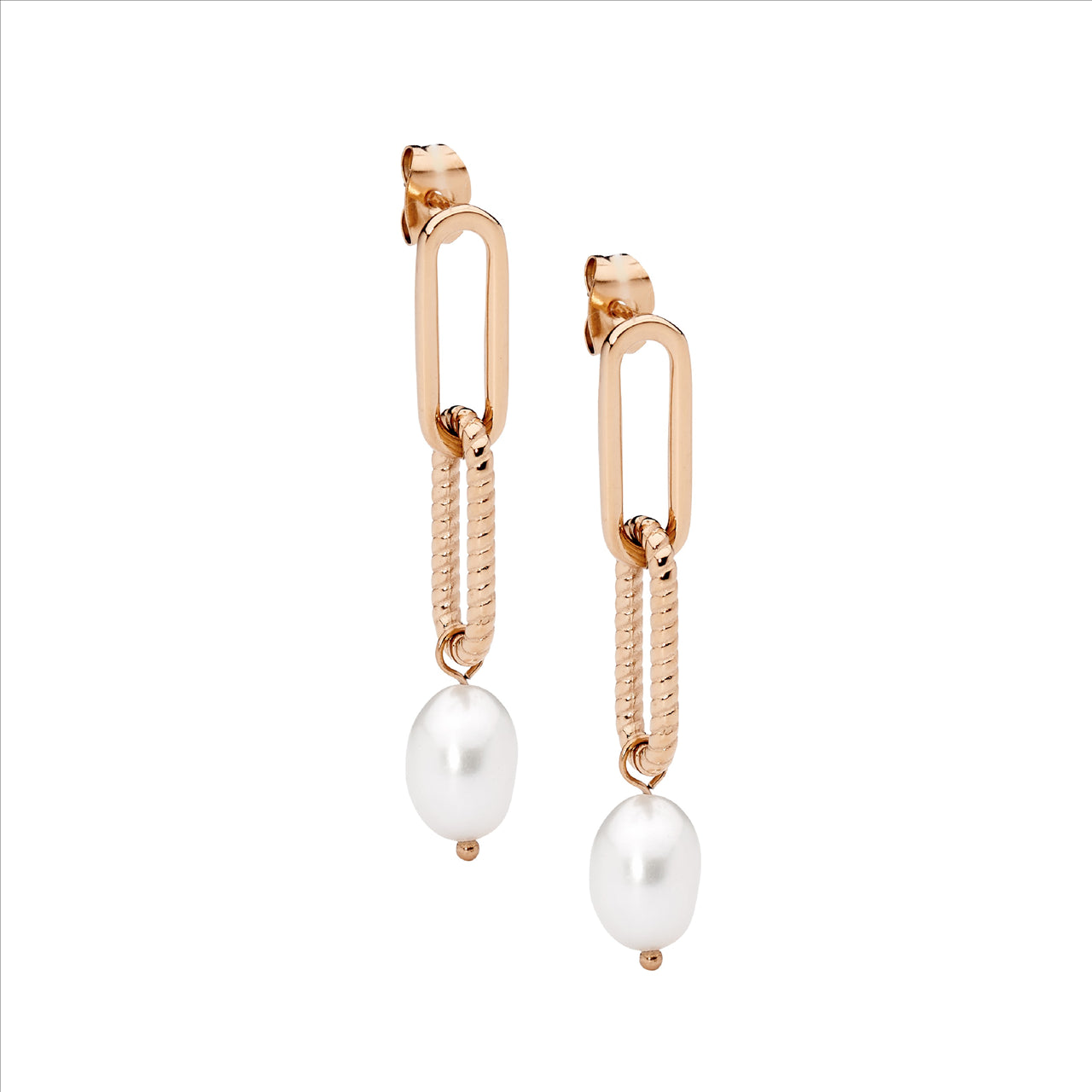 STAINLESS STEEL PAPERCLIP EARRINGS WITH FRESHWATER PEARL - R/G PLATED