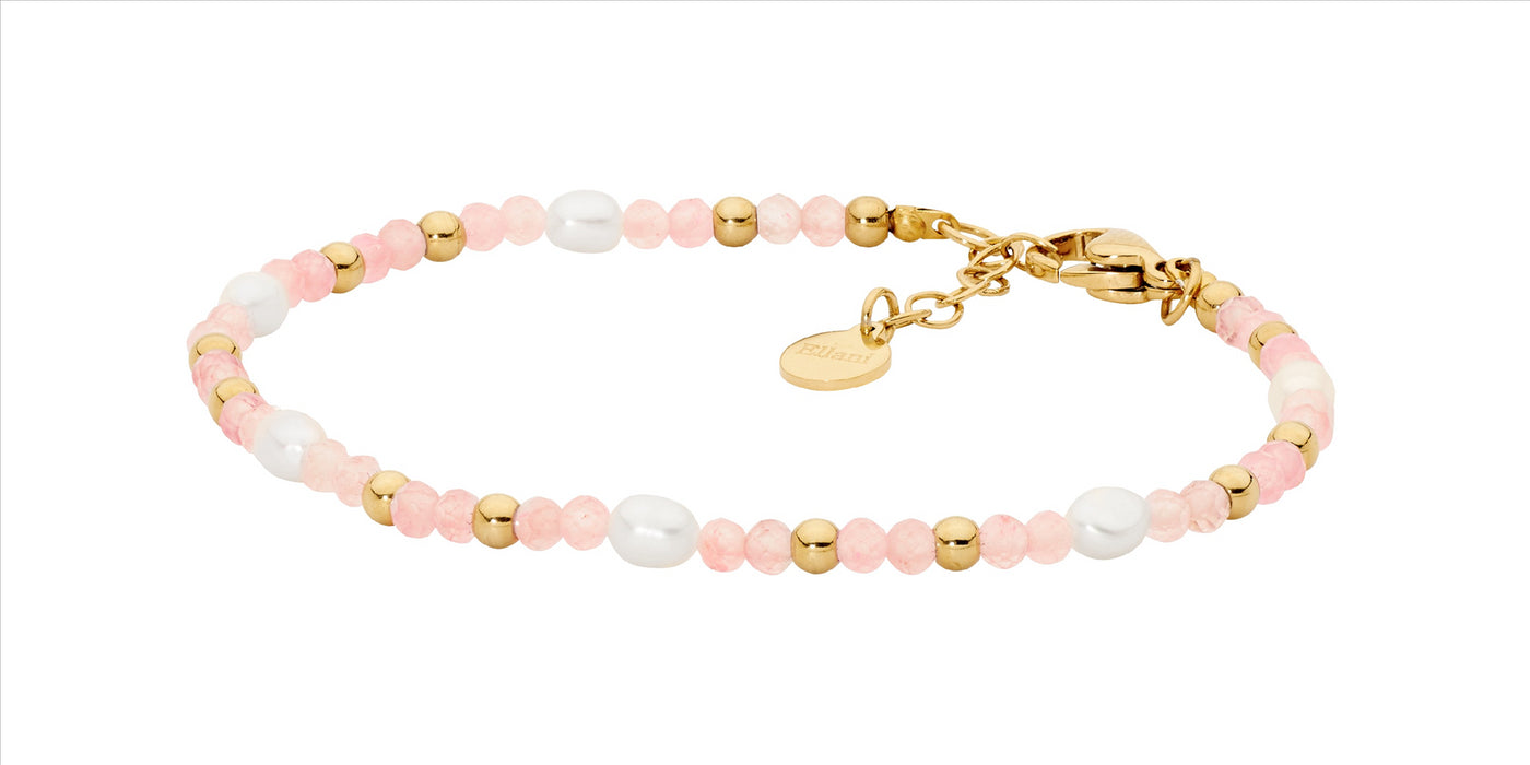 STAINLESS STEEL ROSE QUARTZ AND FRESHWATER PEARL BRACELET 17.5CM - Y/G PLATED