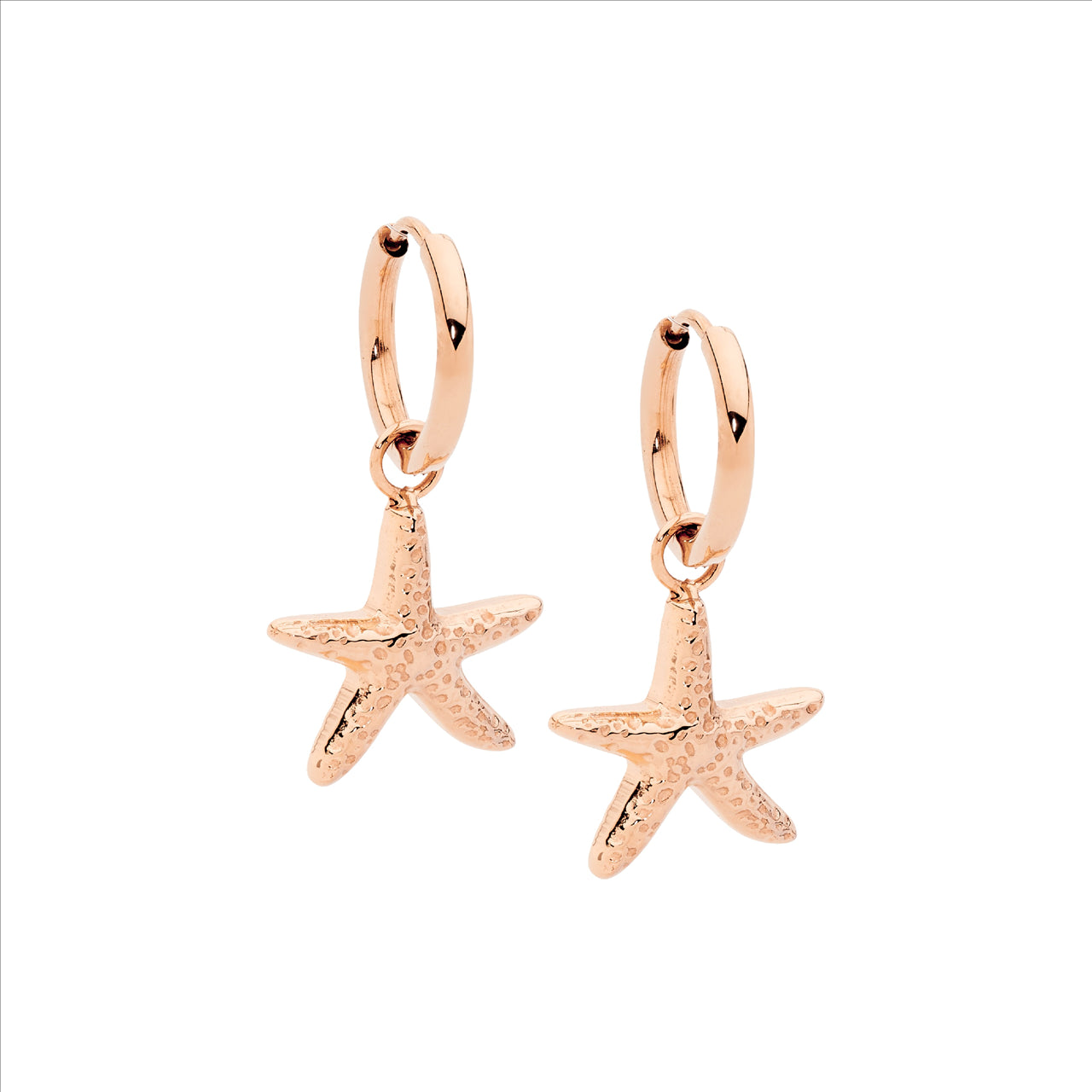 STAINLESS STEEL STARFISH DROP HOOP EARRINGS 11MM - R/G PLATED