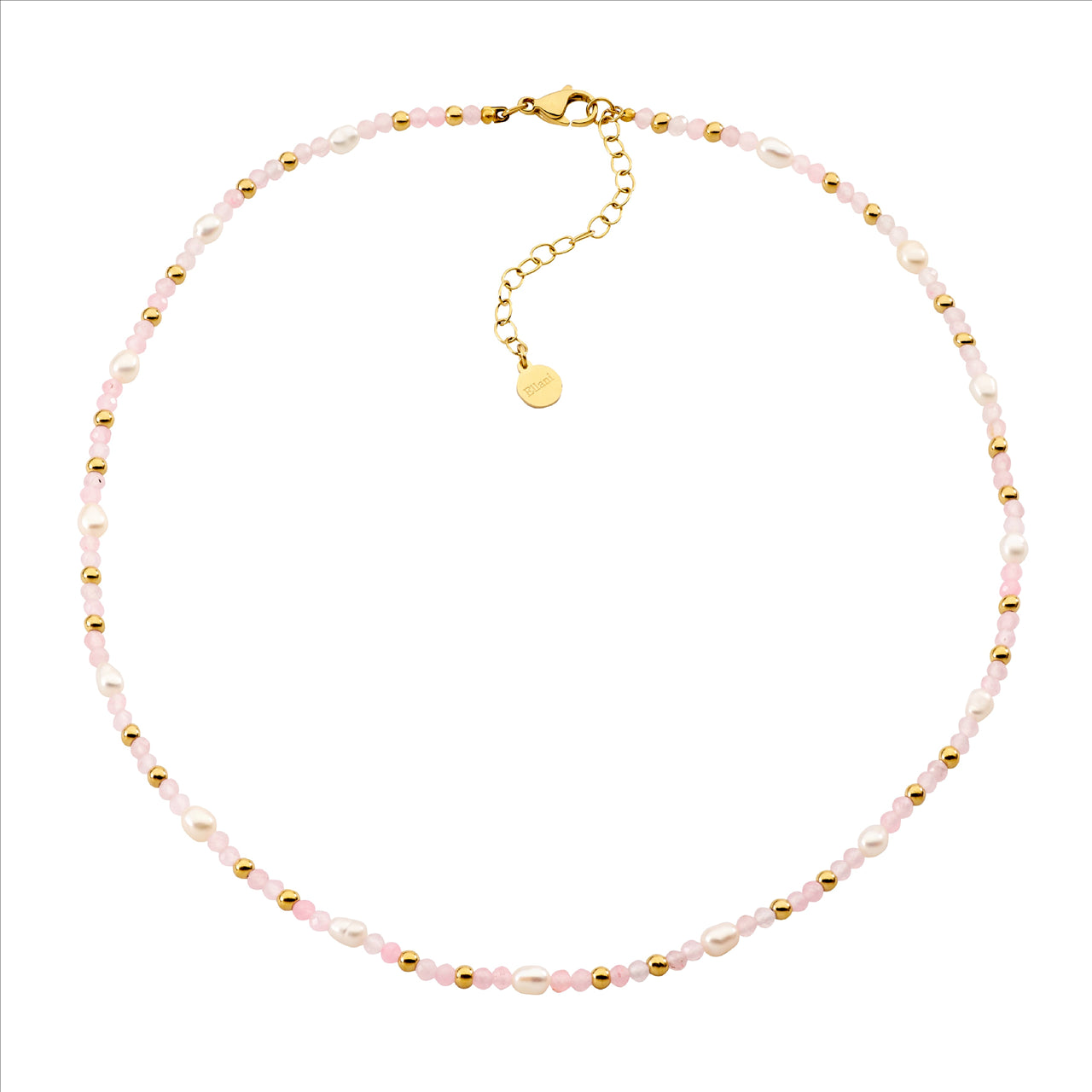 STAINLESS STEEL ROSE QUARTZ & FRESHWATER PEARL NECKLACE 40CM - Y/G PLATED