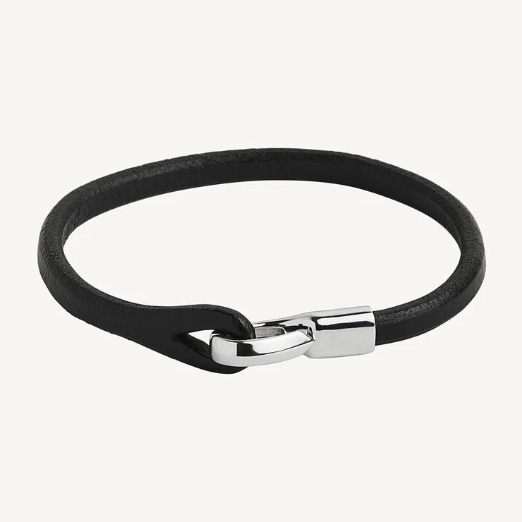 Mens Black Leather Bracelet with Stainless Steel Hinged Clasp - 21cm
