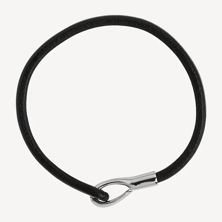 Mens Black Leather Bracelet with Stainless Steel Hinged Clasp - 21cm