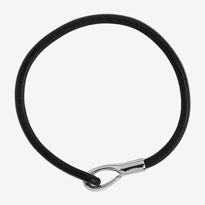 Mens Black Leather Bracelet with Stainless Steel Hinged Clasp - 21cm