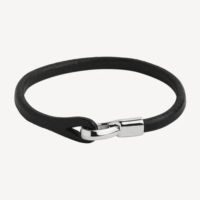 Mens Black Leather Bracelet with Stainless Steel Hinged Clasp - 23cm