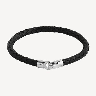 Mens Plaited Black Leather Bracelet with Stainless Steel Clasp - 21cm