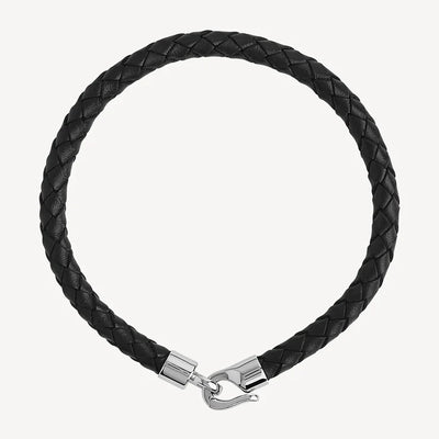 Mens Plaited Black Leather Bracelet with Stainless Steel Clasp - 21cm
