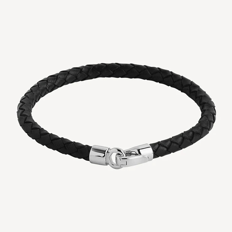 Mens Plaited Black Leather Bracelet with Stainless Steel Clasp - 23cm