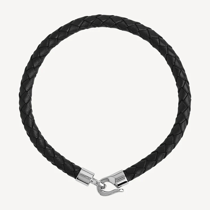 Mens Plaited Black Leather Bracelet with Stainless Steel Clasp - 23cm