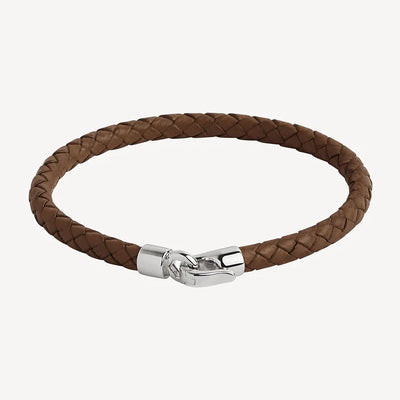 Mens Plaited Brown Leather Bracelet with Stainless Steel Clasp - 21cm