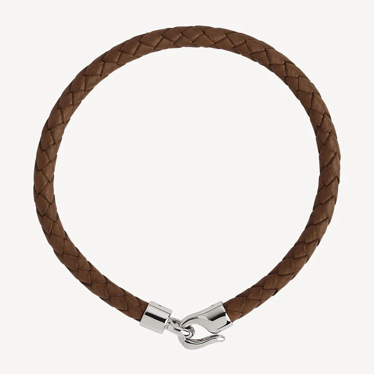 Mens Plaited Brown Leather Bracelet with Stainless Steel Clasp - 23cm