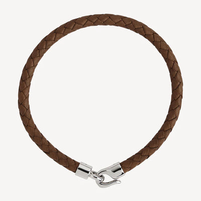 Mens Plaited Brown Leather Bracelet with Stainless Steel Clasp - 23cm