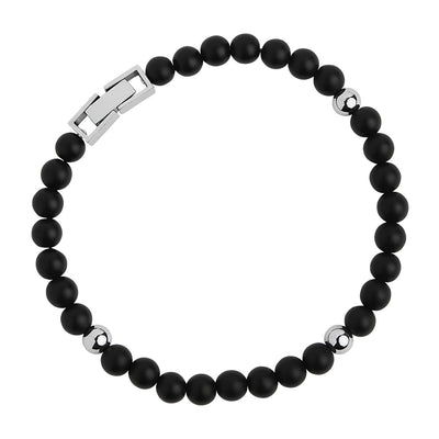 Mens Black Onyx and Stainless Steel Beaded Bracelet - 21+1.5cm