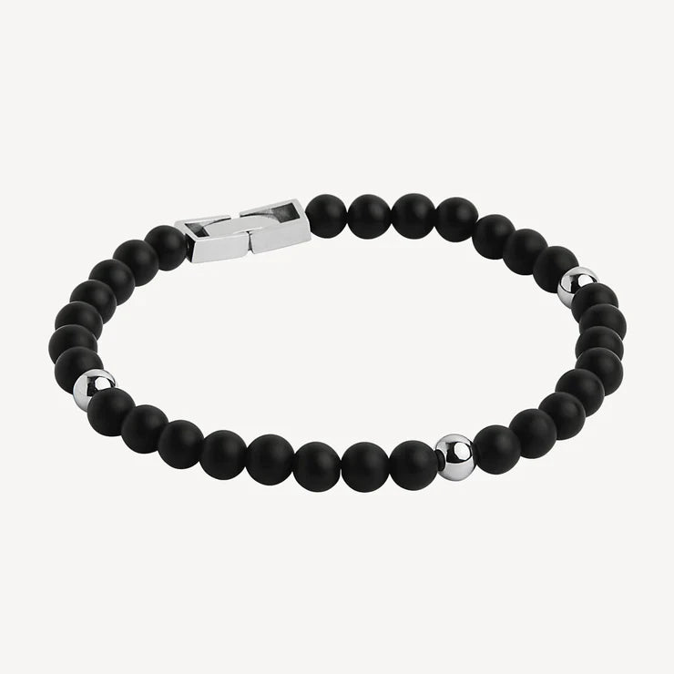 Mens Black Onyx and Stainless Steel Beaded Bracelet - 21+1.5cm