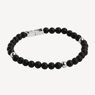 Mens Black Onyx and Stainless Steel Beaded Bracelet - 21+1.5cm