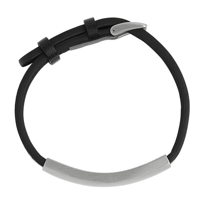 Mens Black Leather Bracelet with Stainless Steel ID Plate - 23cm
