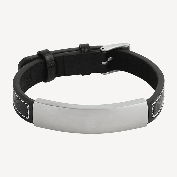 Mens Black Leather Bracelet with Stainless Steel ID Plate - 23cm