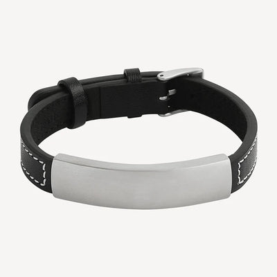 Mens Black Leather Bracelet with Stainless Steel ID Plate - 23cm