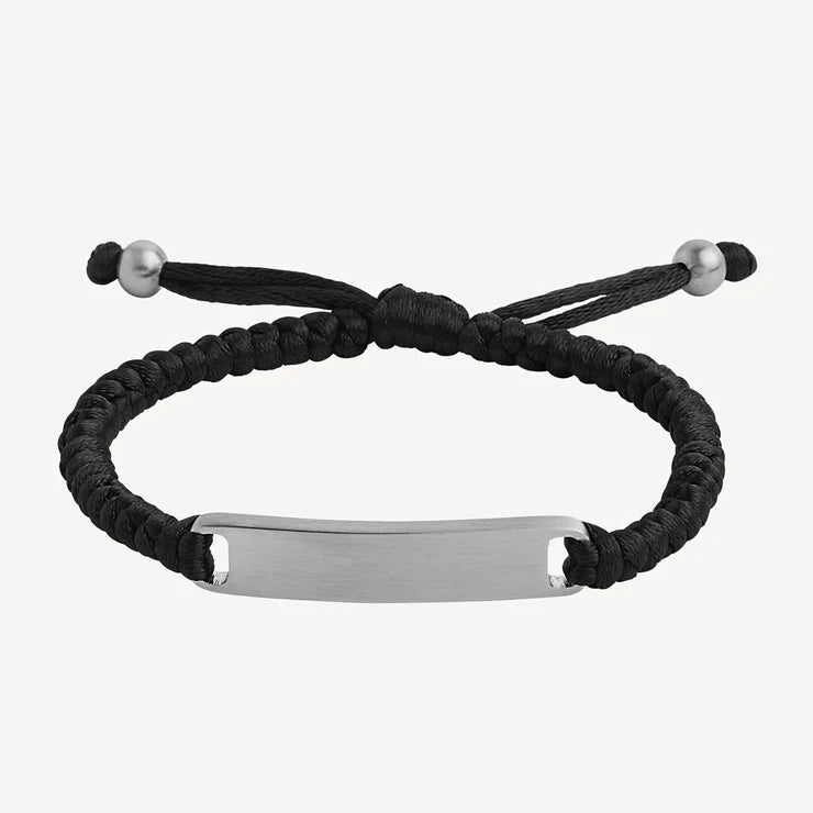 Mens Black Braided Cord Bracelet with Stainless Steel ID Plate - Adjustable Size